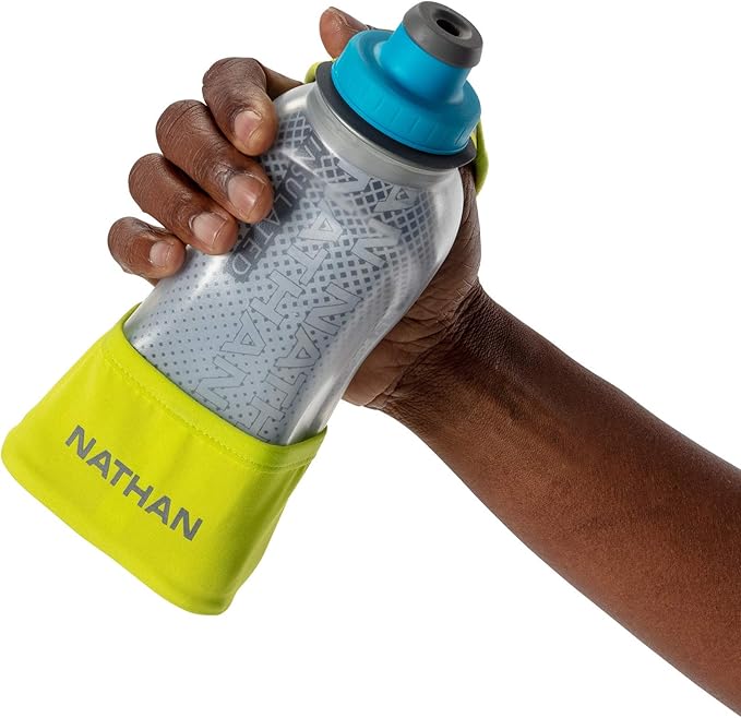 Nathan Running Handheld Water Bottle Adjustable No-Grip Quick Squeeze Lite Hand Strap. 12 oz Insulated Water Bottle. Reflective Hydration