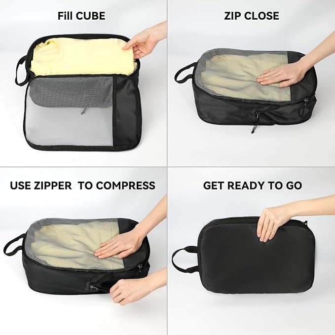 Voova 6 Set Compression Packing Cubes, Travel Accessories Expandable Packing Organizer Bags Set for Carry on Suitcase, Durable Luggage Packing Cubes for Travel Essentials, Black