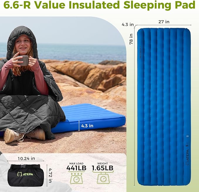 ATEPA ThermAir Pro Backpacking Sleeping Pad, 6.6 R-Value Insulated Ultralight Inflatable Sleeping Pad Folding Camping Pad with 7 Layers & Storage Bag for Camping Backpacking, Wide Long Size (78"x27")