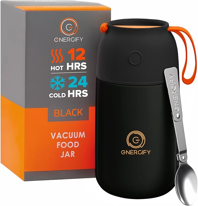 ENERGIFY Vacuum Insulated Food Jar. Large 24oz Bowl incl. Folding Spoon, Cup. Wide Mouth Keep Hot & Cold Drinks Soup Lunch Container for Adults. BPA-Free Stainless Steel, Leak Proof Black Matte