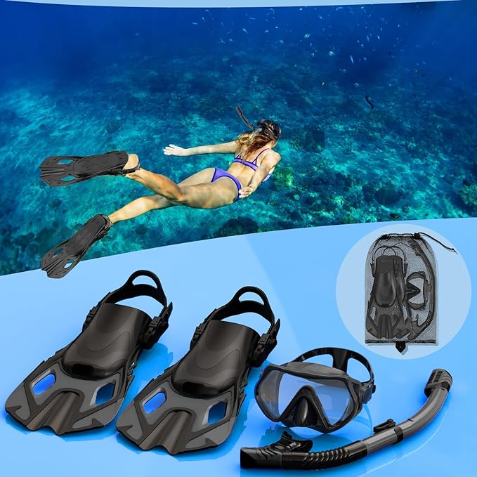 Snorkeling Gear for Adults, Mask Fin Snorkel Set, Dry Top Snorkel, Snorkeling Kit Travel Diving Package, Panoramic View Anti-Fog Anti-Leak Adjustable Swim Fins