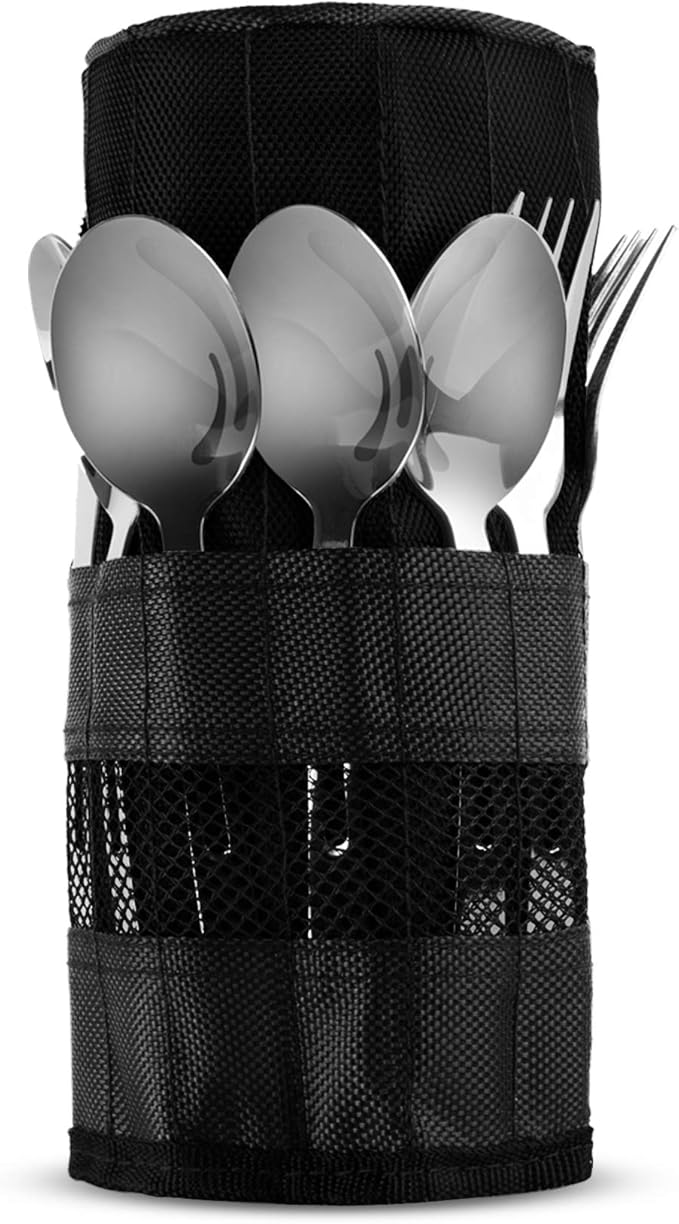13 Piece Stainless Steel Family Cutlery Picnic Utensil Set with Travel Case for Camping | Hiking | BBQs - Includes Forks | Spoons | Knifes | Chopstick, Plus Nylon Commuter Case (Black)