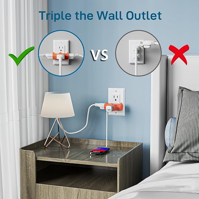 K KASONIC - 3-Outlet Grounding Adapter, [UL Listed] Plug Extender, Heavy-Duty Grounded Power Tap - 3 Pack (Orange)