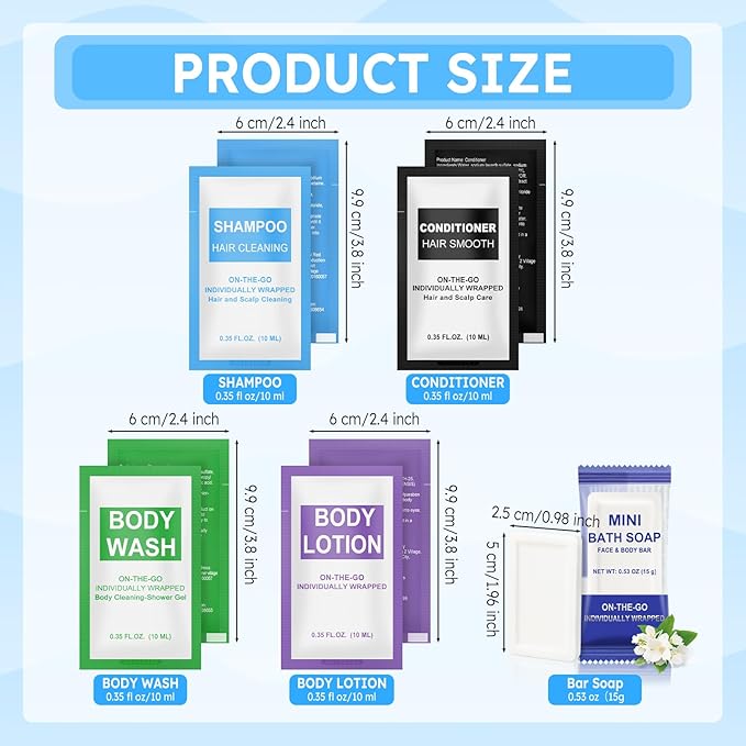 30 Pcs 5-IN-1 Hotel Soaps and Toiletries Bulk Set,5-Piece Set 0.35 oz each Packets Shampoo,Conditioner, Body Wash and Lotion,0.53 oz Soap Mini Travel Size Toiletries Supplies kit for Guests,Homeless