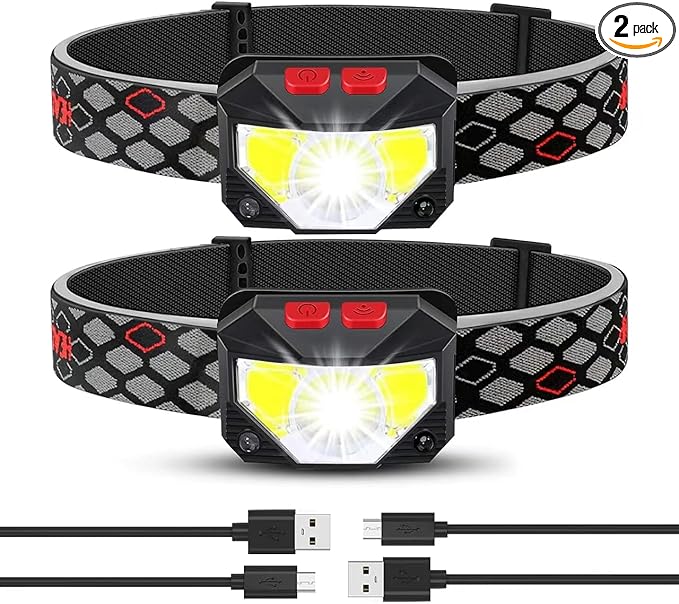 Headlamp Rechargeable 2 Pack, Bright LED Head Lamp Outdoor 1100 Lumen Headlight with White Red Light, Motion Sensor Waterproof 8 Modes Headlamps Flashlights for Running Cycling Fishing