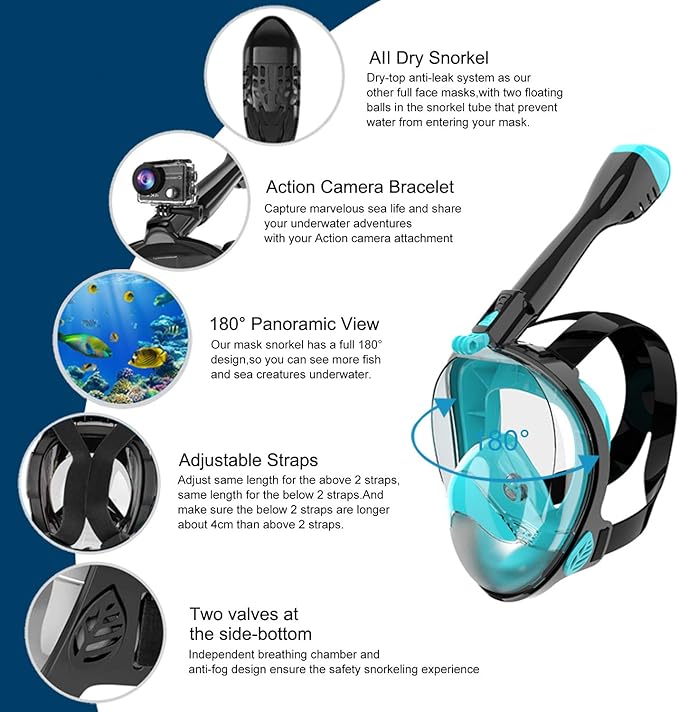 Full Face Snorkel Mask, Diving Mask for Kids and Adults,180° Panoramic View Snorkel Mask with Camera Mount, Safe Breathing, Anti-Leak&Anti-Fog