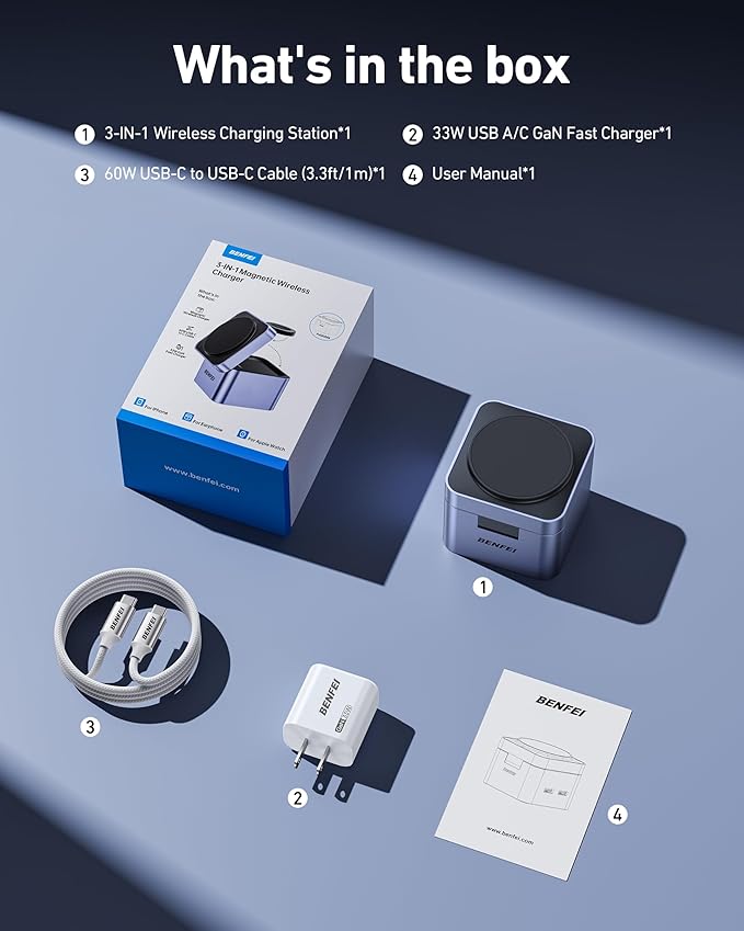 BENFEI 3-in-1 Foldable MagSafe Charger Stand,Wireless Charging Station for iPhone 16/15/14/13/12 Series, Apple Watch & AirPods | Compact Cube Design | Includes 33W Power Adapter