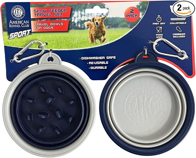 American Kennel Club 2-Pack Collapsible Travel Bowls for Dogs – Blue/Gray, Portable Food & Water Bowls