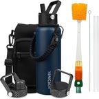 Insulated Water Bottle 40oz,Triple Wall Vacuum Stainless Steel(Dishwasher Safe),Leak Proof & Non-BPA,Flask Jug with Paracord Handle & Straw Spout Lids Sports Navy Blue