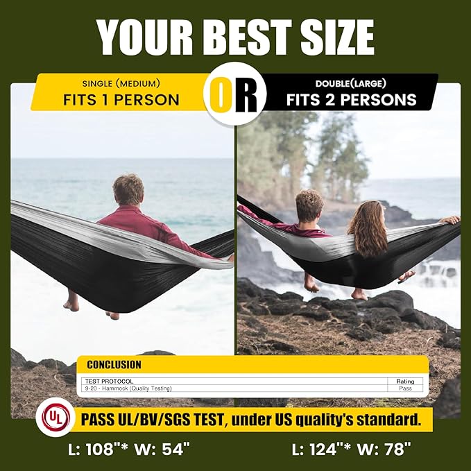 Camping Hammock,Camping Essentials,Lightweight Portable Double & Single Hammock with Tree Straps, Camping Gear for Outside Hiking Camping Beach Backpack Travel, Black & Grey, Large