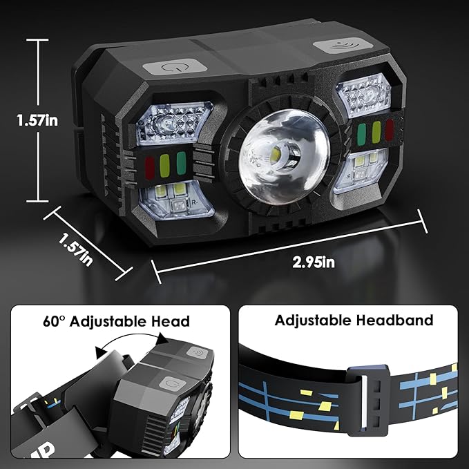 3 Pack Headlamp Rechargeable, 1200 Lumens LED Head Lamp with Red Light, Motion Sensor, 10 Modes, 60° Adjustable Head Lights for Forehead, IPX5 Waterproof Headlamps for Adults - Running,Camping,Hiking