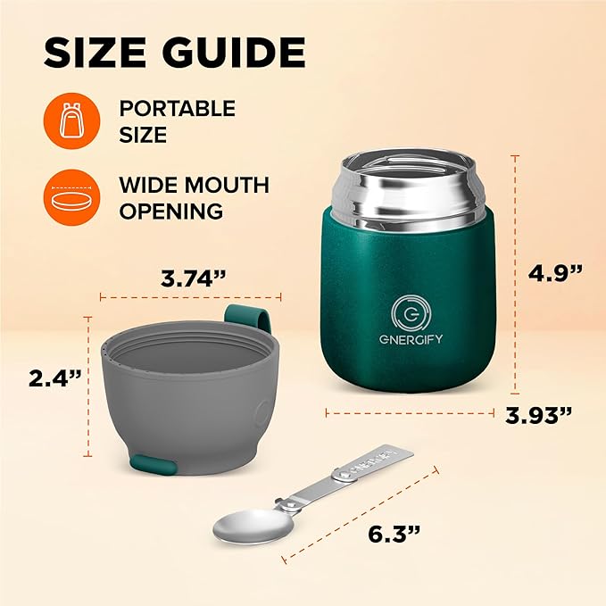ENERGIFY Vacuum Insulated Food Jar. Large 17oz Bowl incl. Folding Spoon, Cup. Wide Mouth Keep Hot & Cold Drinks Soup Lunch Container for Adults. BPA-Free Stainless Steel, Proof Brilliant Green