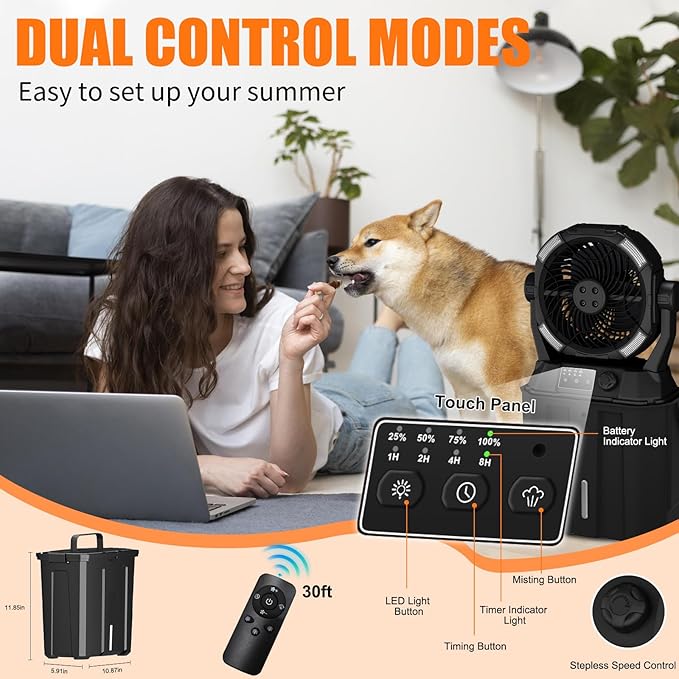 Portable Misting Fan 42800mAH Rechargeable with Remote Control, 6L Bucket Camping Fan with LED Lights & Stepless Speed Control & Cooling Mist, Portable Handle & Rotate Hook, Timer Function