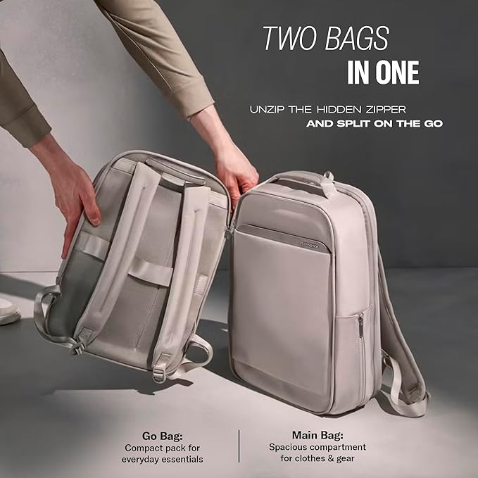 Samsonite Paralux 2-in-1 Travel Backpack, Converts into Main Bag + Go Bag, Lay-Flat Packing, StackIt™ Strap, Laptop Sleeve & Integrated AirTag™ Holder - Business & Adventure Travel Bag - Stone Grey