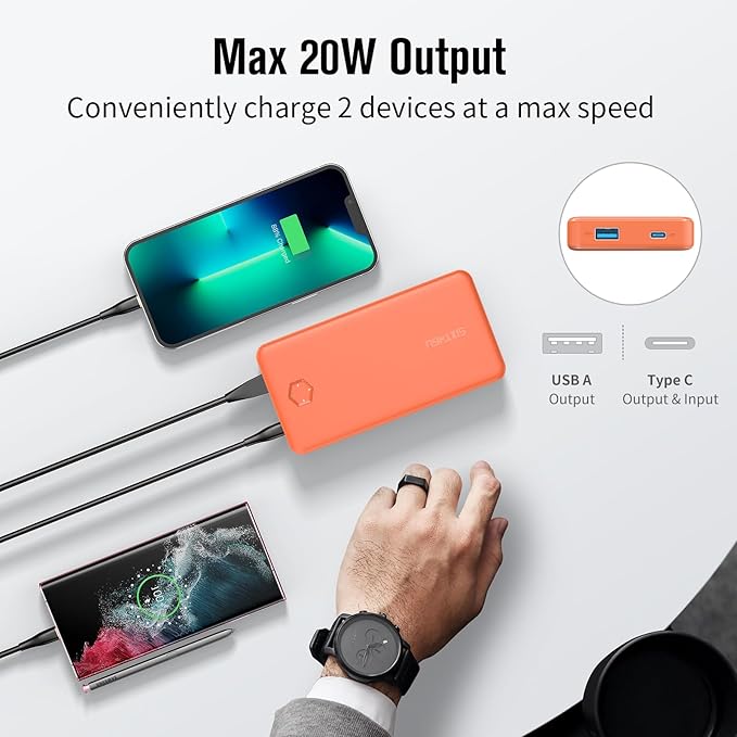 Portable Charger, Slim 20000mAh PD 20W Power Bank, USB C in&out High-Speed Charging Battery Pack, External Phone Powerbank Compatible with iPhone 16 15 14 13 12 Samsung S22 S21 Google iPad etc(Orange)