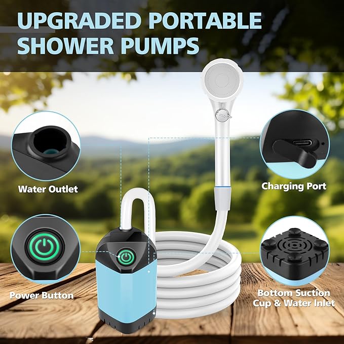 Portable Shower for Camping, 7800mAh Rechargeable Camping Shower with 3 Spray Modes, IPX7 Waterproof Portable Shower Pump for Outdoor, Hiking, Travel, Car, Pet-Long-Lasting Battery & Powerful Suction