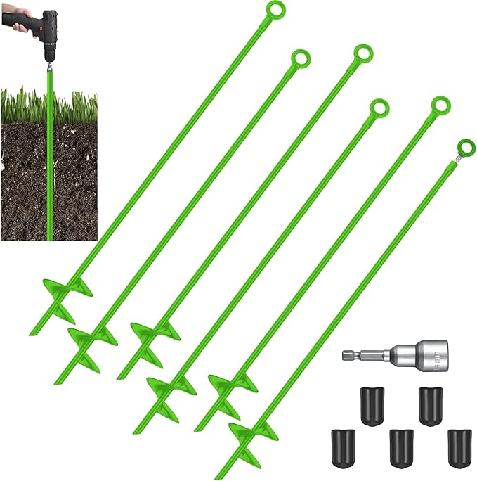 Lasnten 6 Pcs 30 Inch Heavy Duty Ground Anchor Spiral Blade Earth Anchor Kit Metal Anchor Hook Beach Sand Stakes Camping for Securing Animals, Shelters, Tents, Canopies (Light Green)