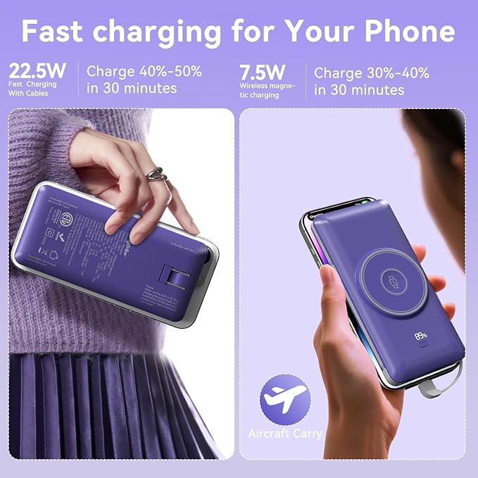 Magnetic 10000mAh Portable Charger for iWatch & iPhone, 22.5W USB C Fast Charging Wireless Power Bank Built-in Cables and Wall Plug, External Travel Battery Pack Compatible with iOS Android Devices