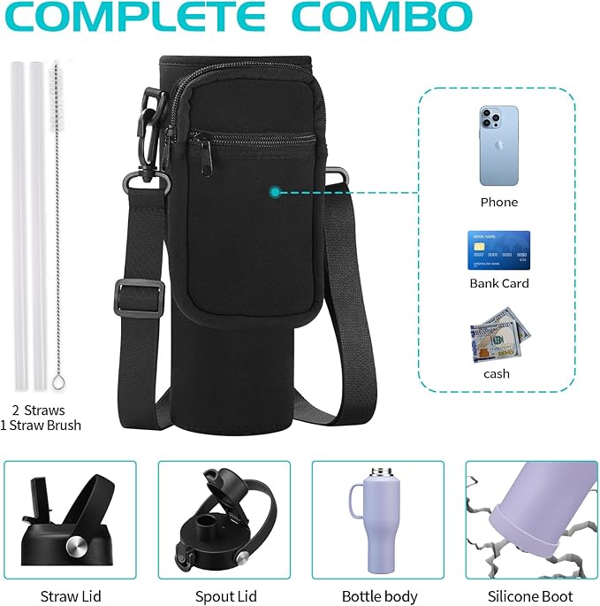 40 oz Tumbler with Handle, Insulated Water Bottle with Straw - Auto Spout Lid, Carrier Pouch, Purple Metal Thermal Hydro Travel Coffee Mug Flask for Car Cup Holder, Keep Cold 48H Hot 24H