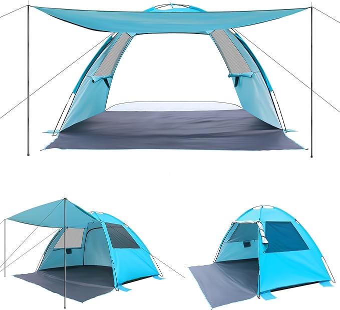 DLUCKY Beach Tent for 1/2/3/4/5/6 Person,Anti-UV Portable Sun Shade ShelterUPF 50+,Both Sides Extendable Floor,Extendable Awning,with 2 Ventilating Mesh Windows,Lightweight & Easy Setup.