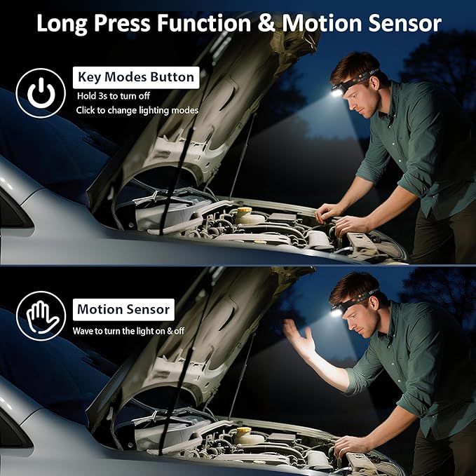 LHKNL Headlamp Rechargeable, Lumen Super Bright Motion Sensor Head Lamp Flashlight,2-Pack Waterproof LED Headlight with White Red Light,8 Modes Head Lights for Camping Cycling Running Fishing