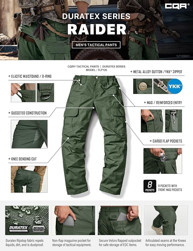 CQR Men's Tactical Pants, Water Resistant Ripstop Cargo Pants, Lightweight EDC Work Hiking Pants, Outdoor Apparel