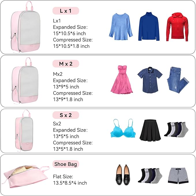 Voova 6 Set Compression Packing Cubes, Travel Accessories Expandable Packing Organizer Bags Set for Carry on Suitcase, Durable Luggage Packing Cubes for Travel Essentials, Pink