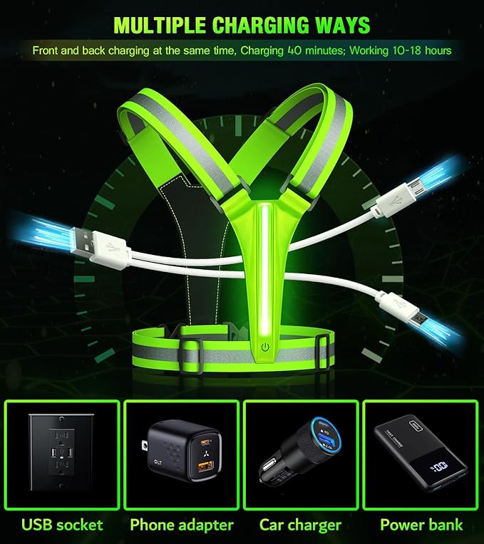 Led Light Up Running Vest Reflective Vest for Runners Night Walking, Rechargeable LED Reflective Running Vest High Visibility with Adjustable Waist/Shoulde, Reflective Armband for Women Men