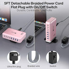 8-Port USB C Fast Charger Block 200W with Flat Plug, Braided Power Cord, and On/Off Switch- USB Charging Hub for iPhone, iPad, MacBook and More- 65W C Port Power Adapter for Laptops