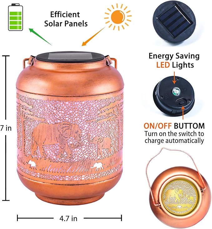 Elephant Solar Lanterns Outdoor Waterproof Hanging Solar Lights Elephant Gifts for Women/Men/Elephant Lovers Gifts Metal Decorative LED Elephant Lanterns for Garden Decor,Patio,Lawn,Pathway,Yard