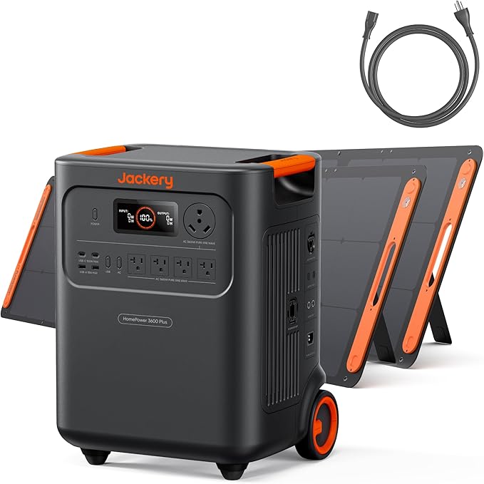 Jackery HomePower 3600 Plus Portable Power Station with 2x 200W Solar Panels, 3600W AC Output, 3584Wh LFP Solar Generator, Expandable up to 43kWh, Essential Home Backup for Home Use, Emergencies, RV