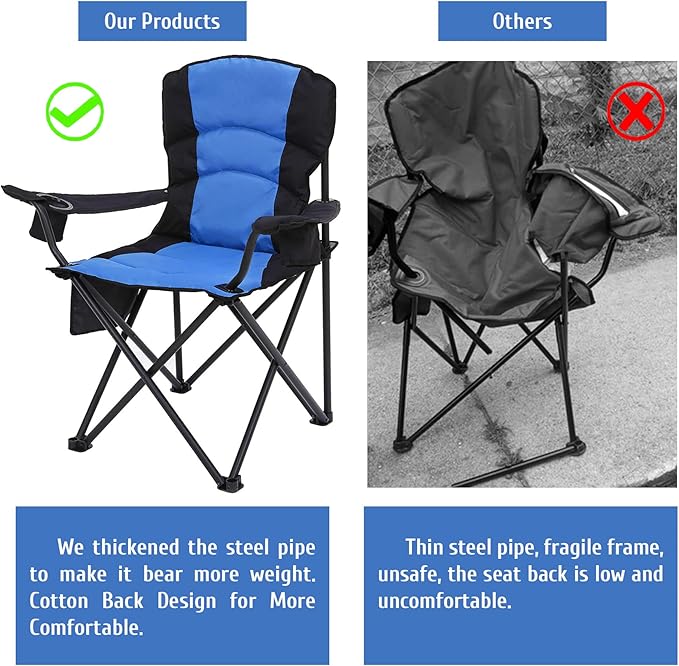 Oversized Camping Chair Folding Heavy Duty Quad Outdoor Large Lawn Chairs Portable Support 400 lbs Padded Thicken Oxford with Armrests, Storage Bag, Cup Holder, Carry Bag for Outside(Blue)