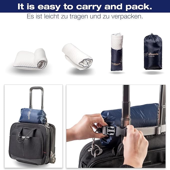 alkamto Travel & Camping Comfortable Memory Foam Pillow – Easy to Carry Portable Bag – Temperature Regulating Pillow Case (White Contour)