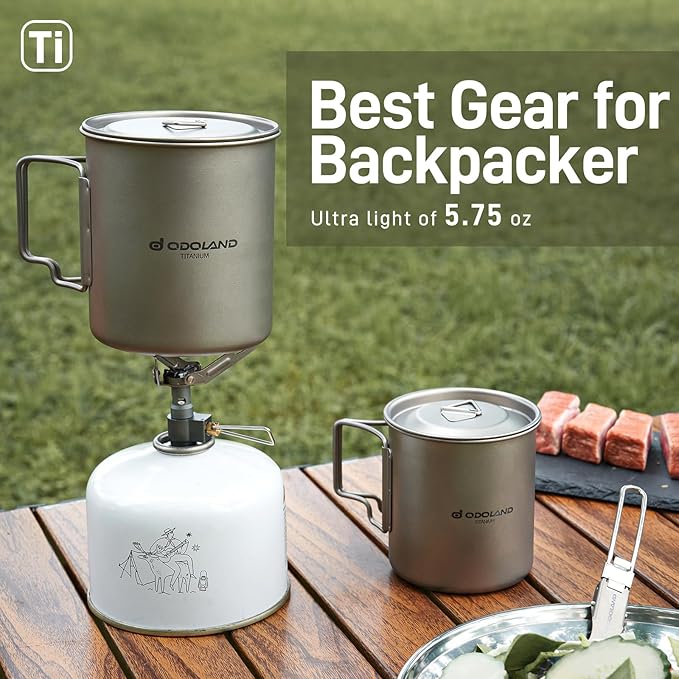 Odoland Titanium Camping Cookware 420ML Titanium Pot with Lid and Spork Lightweight Camping Pot for Backpacking Hiking Traveling and Picnic