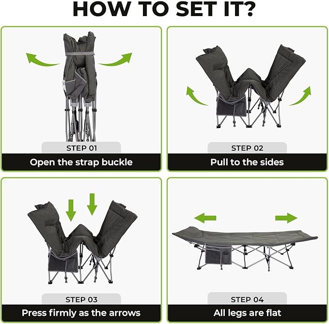 FUNDANGO Camping Cot for Adults, Padded Camp Cots for Sleeping Portable Camping Bed for Outdoor Travel Folding Cot Heavy Duty with Carry Bag, Gray