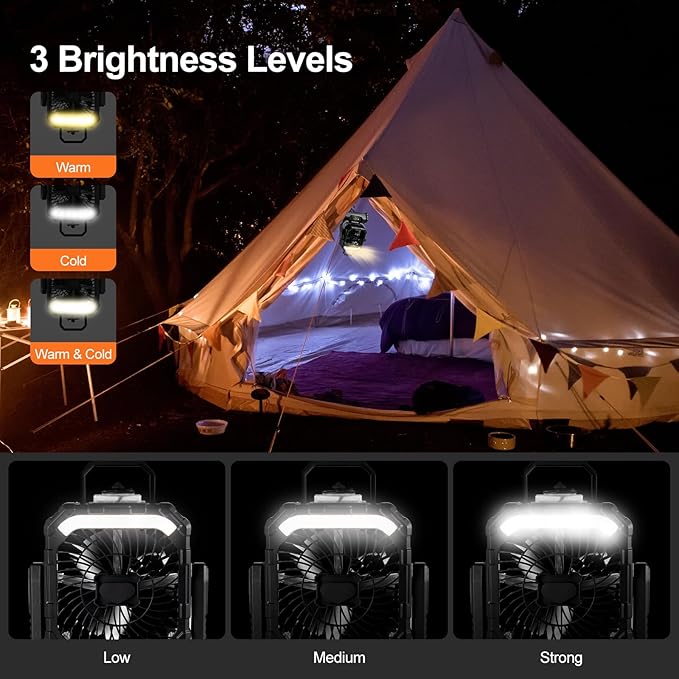 Odoland Portable Misting Fan with Light, 30000mAh Rechargeable Battery Camping Fan with 2 Spray Mister, Outdoors Tent Ventilador with Remote and Hook for Indoor Cooling Hiking Patio, Black