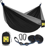SZHLUX Camping Hammock Double & Single Portable Hammocks with 2 Tree Straps and Attached Carry Bag,Great for Outdoor,Indoor,Beach,Camping,Black & Grey, Large