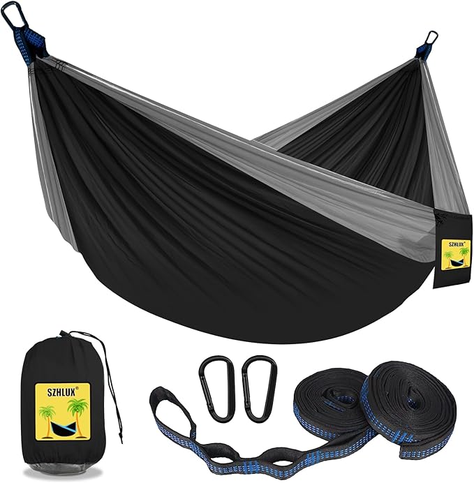 SZHLUX Camping Hammock Double & Single Portable Hammocks with 2 Tree Straps, Great for Hiking,Backpacking,Hunting,Outdoor,Beach,Camping,Black / Grey