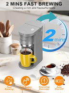 Slim Single Serve Coffee Maker, Fast Brew for K-Cup & Ground Coffee Small One Cup Coffee Maker, 6-12 Oz Brew Sizes, Coffee Machine with Descaling Reminder and Water Window,Grey