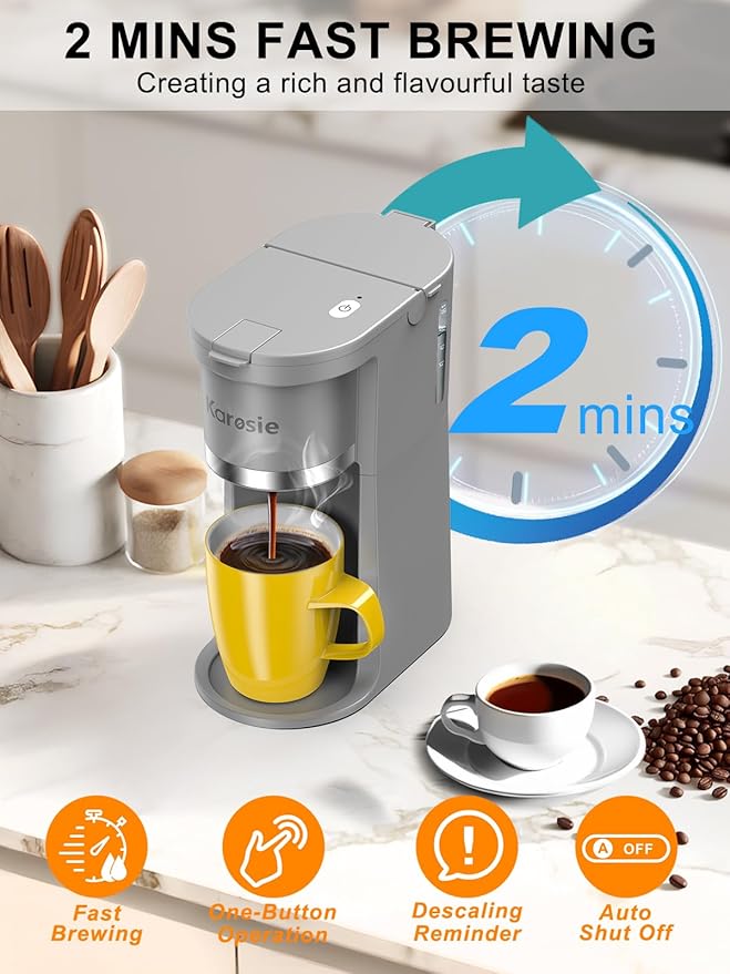 Slim Single Serve Coffee Maker, Fast Brew for K-Cup & Ground Coffee Small One Cup Coffee Maker, 6-12 Oz Brew Sizes, Coffee Machine with Descaling Reminder and Water Window,Grey