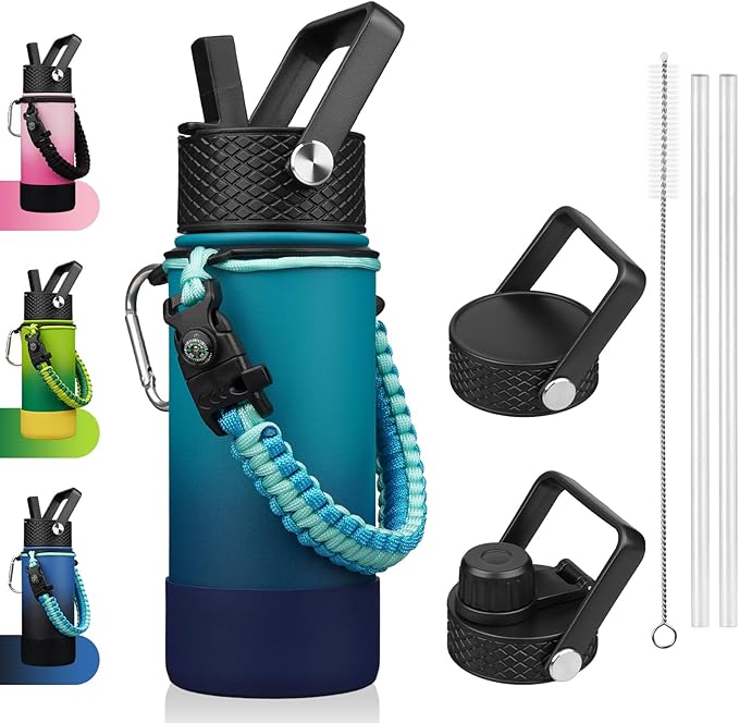 BJPKPK Water Bottle with Straw Lid, 18oz Insulated Water Bottles with 3 Lids, Paracord Handle & Non-slip Boot, Metal Stainless Steel Thermo, BPA Free Leak Proof Cups, Tumblers,Vast