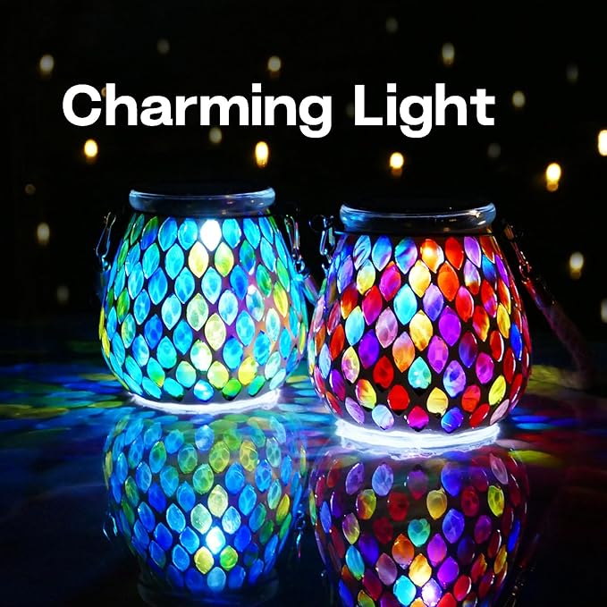 Mosaic Red Solar Lanterns, Outdoor Glass Hanging Lights, Waterproof, Solar Table Lamps, Christmas Gifts for Women Mom Grandma, Night Lights, Decoration for Garden, Patio, Yard, Party, Outdoor Decor