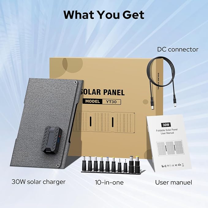 30W Solar Panel Charger YT30 Foldable Solar Panel IP65 Waterproof Solar Charger with QC3.0 USB & DC Output(10 Connectors) 24% High Efficiency for Outdoor Camping