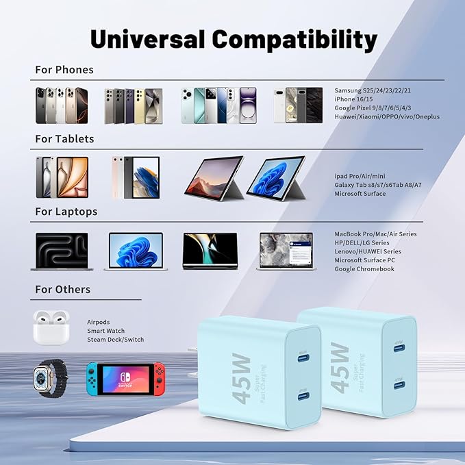 QZIIW Super Fast Samsung Charger Type C,45W Dual Port USB C Fast Charger Block [2-Pack] & Extra Long 60W 3/6/6/10FT USB C Cable - PD Quick Charging 3.0 for Samsung Galaxy S25 Ultra/S24+/S23 iPhone 16