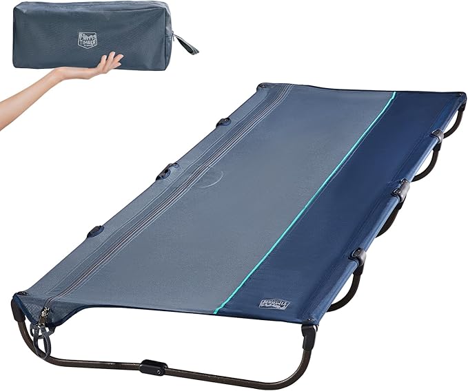 TIMBER RIDGE Lightweight Aluminum Camping Cot, 20-Second Quick Set-Up Folding Cot with Zipper Closure, Portable Carry Bag Included for Camping, Travel and Outdoors, Support up to 225lbs, Blue