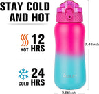 Oldley Insulated Water Bottle 12oz Kids Water Bottles with Straw, Stainless Steel Water Bottle with 2 Lids,Double Wall Vacuum Bottle, Leak-Proof Sports Bottles for School Travel, Rose Red-Green