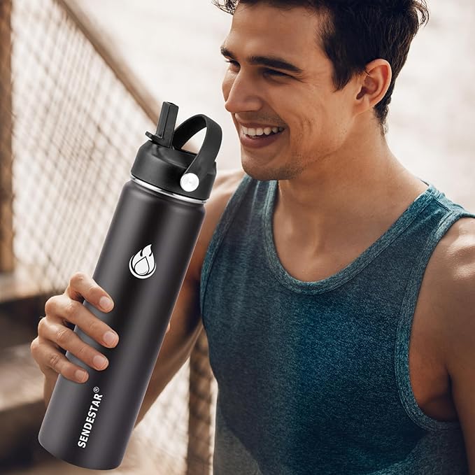 SENDESTAR Stainless Steel Water Bottle, Insulated Water Bottle 40 oz with New Straw Lid or Spout Lid Keeps Liquids Hot or Cold with Double Wall Vacuum Insulated Bottle (Black)