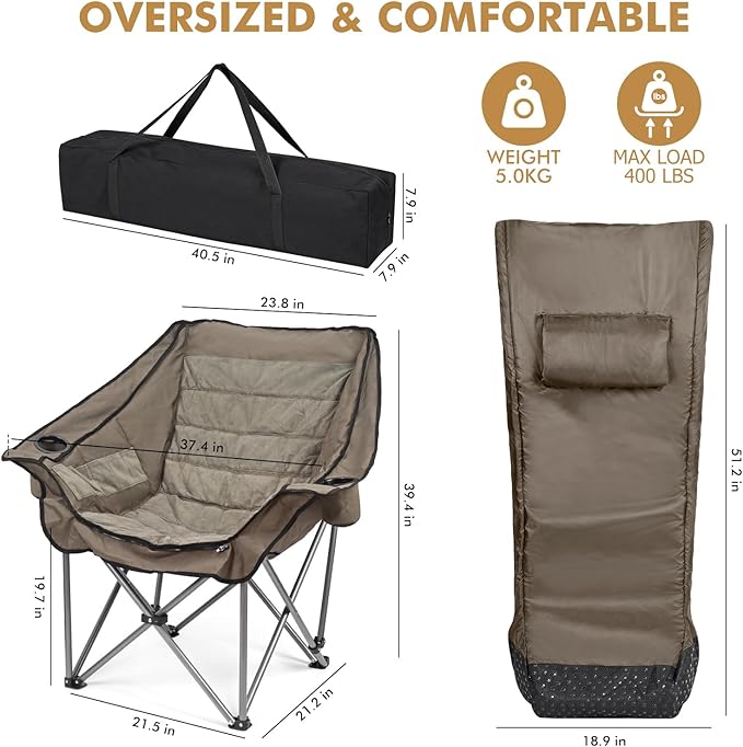 Oversized Fully Padded Camping Chair with Removable Foot Pocket, Heavy Duty Comfy Folding Camp Sports Chair for Adults, Summer, Winter, Outdoor, Ice Fishing, Hunting, RV, Cup Holder, XL, 400 LBS