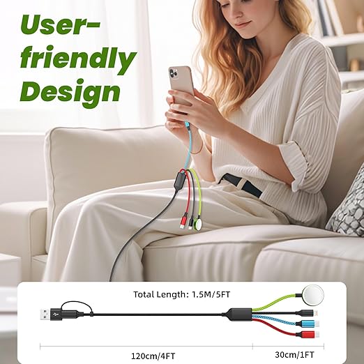 Travel Essentials Apple Watch Charger, 4 in 2 Multi Charging Cable with Dual Type-C, USB A/C Travel Charger for Multiple Devices for iWatch Ultra/SE/10-2, iPhone 17-11, Galaxy S25-21, iPad (2PACK 5FT)