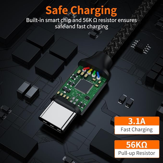JXMOX Short USB C Cable (0.5ft 3-Pack), USB A to Type-C Charger Cord 3.1A Fast Charging Compatible with iPhone 15 16 Pro Max, Samsung Galaxy S20 S10 S9, Note 10 9, A80 A70 A50 A40, Power Bank (Black)